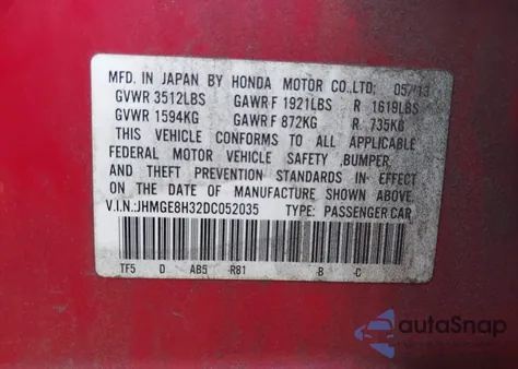 2013 Honda Fit из США, поврежденный, VIN JHMGE8H32DC052035